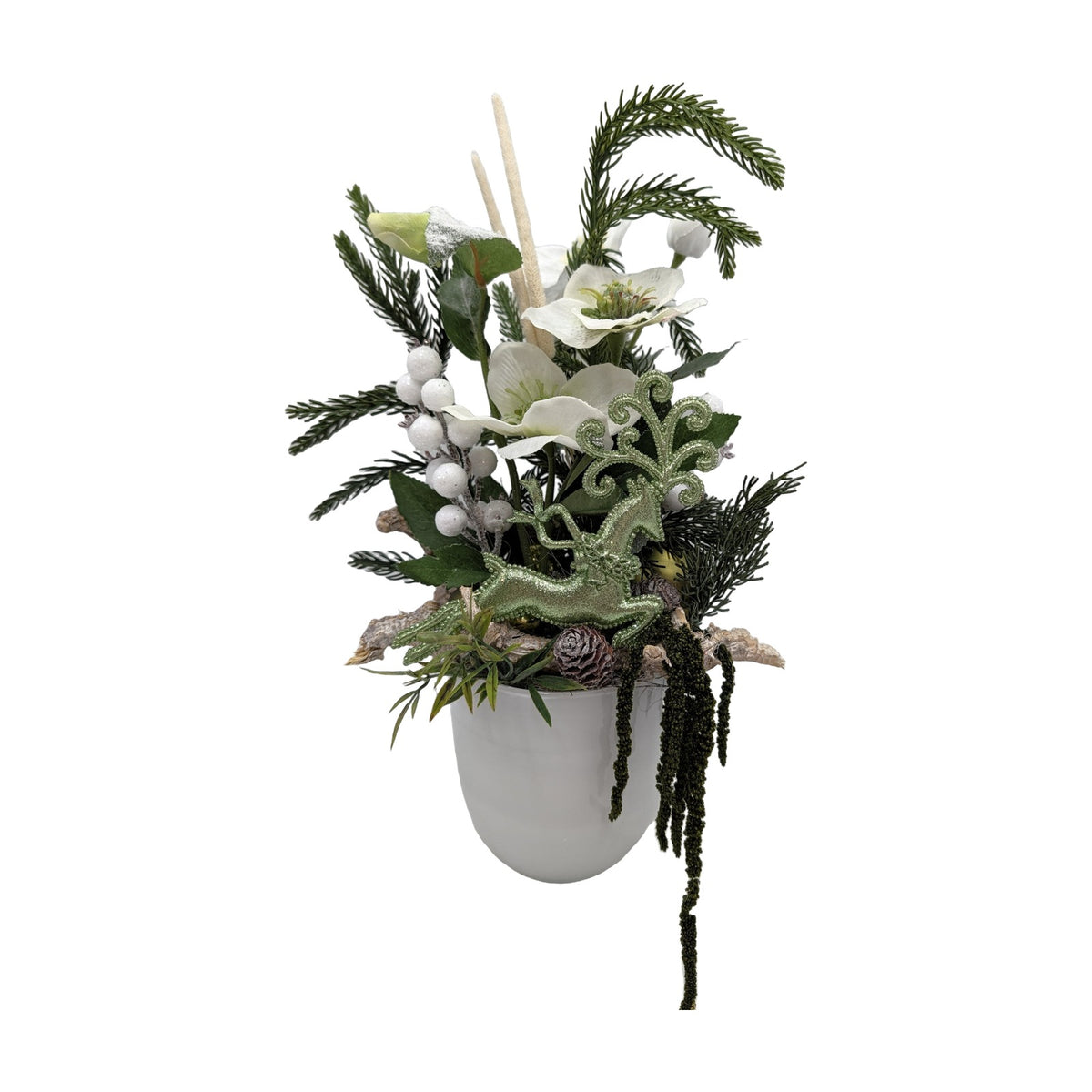 Freigestellt Winterliches Gesteck Christrosen Hirsch Zapfen weiß grün