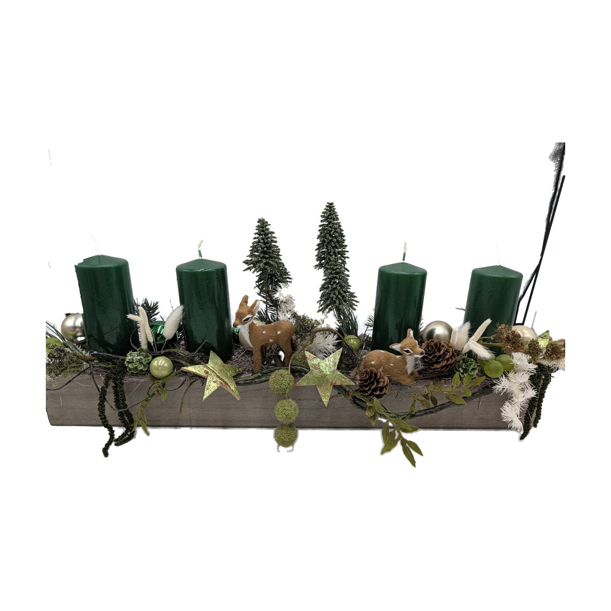 Freigestellt Adventsgesteck Holzkasten Rehe Tannenbäume grün gold