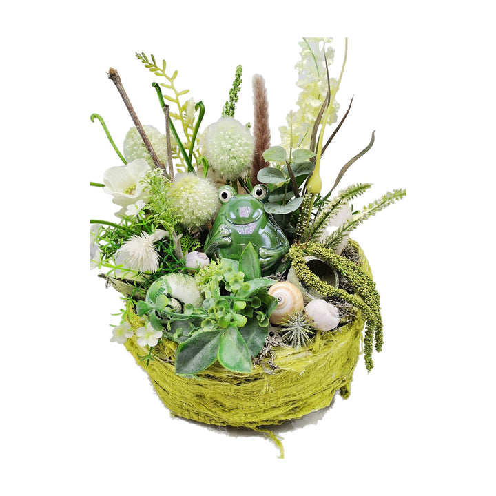 Freigestellt Gesteck Sommergesteck Frosch Schnecken Allium Gräser grün weiß