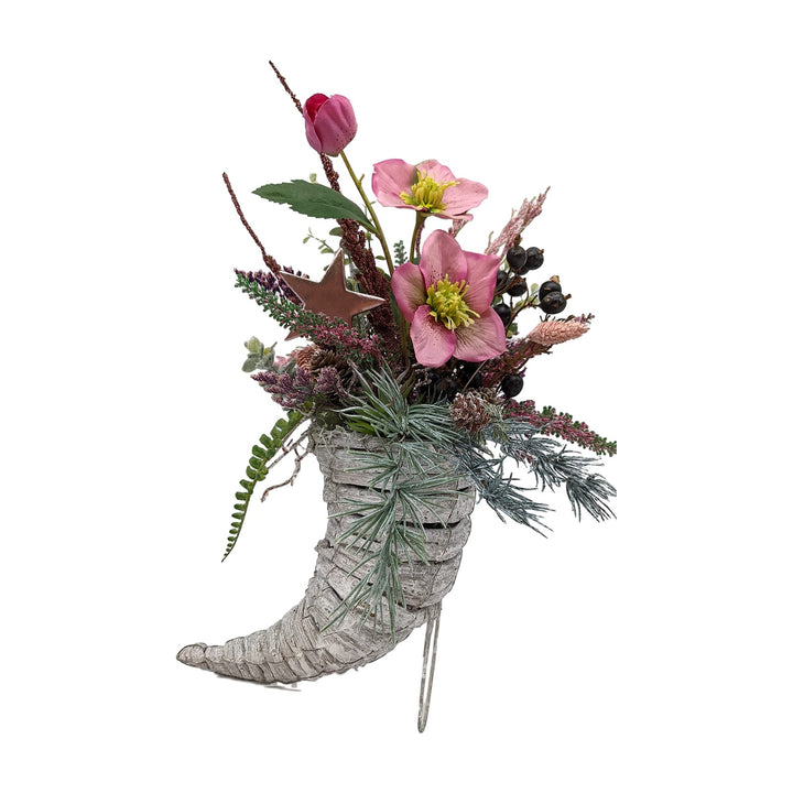 Freigestellt Weihnachtsgesteck Füllhorn Christrosen Stern Beeren rosa