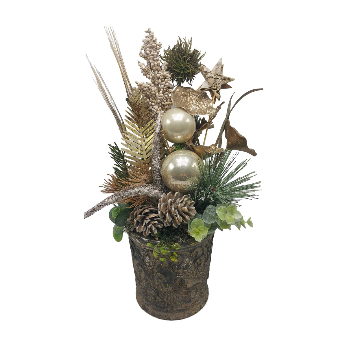 Freigestellt Weihnachtsgesteck Wintergesteck Kugeln Zapfen Beeren creme gold