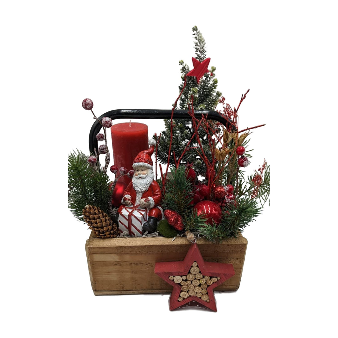 Freigestellt Wintergesteck Weihnachtsgesteck Tischgesteck Weihnachtsmann Kerze rot grün