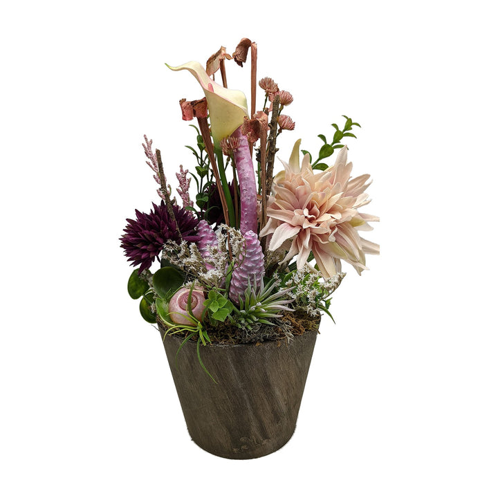 Freigestellt Tischgesteck Calla Chrysanthemen Zapfen rosa lila