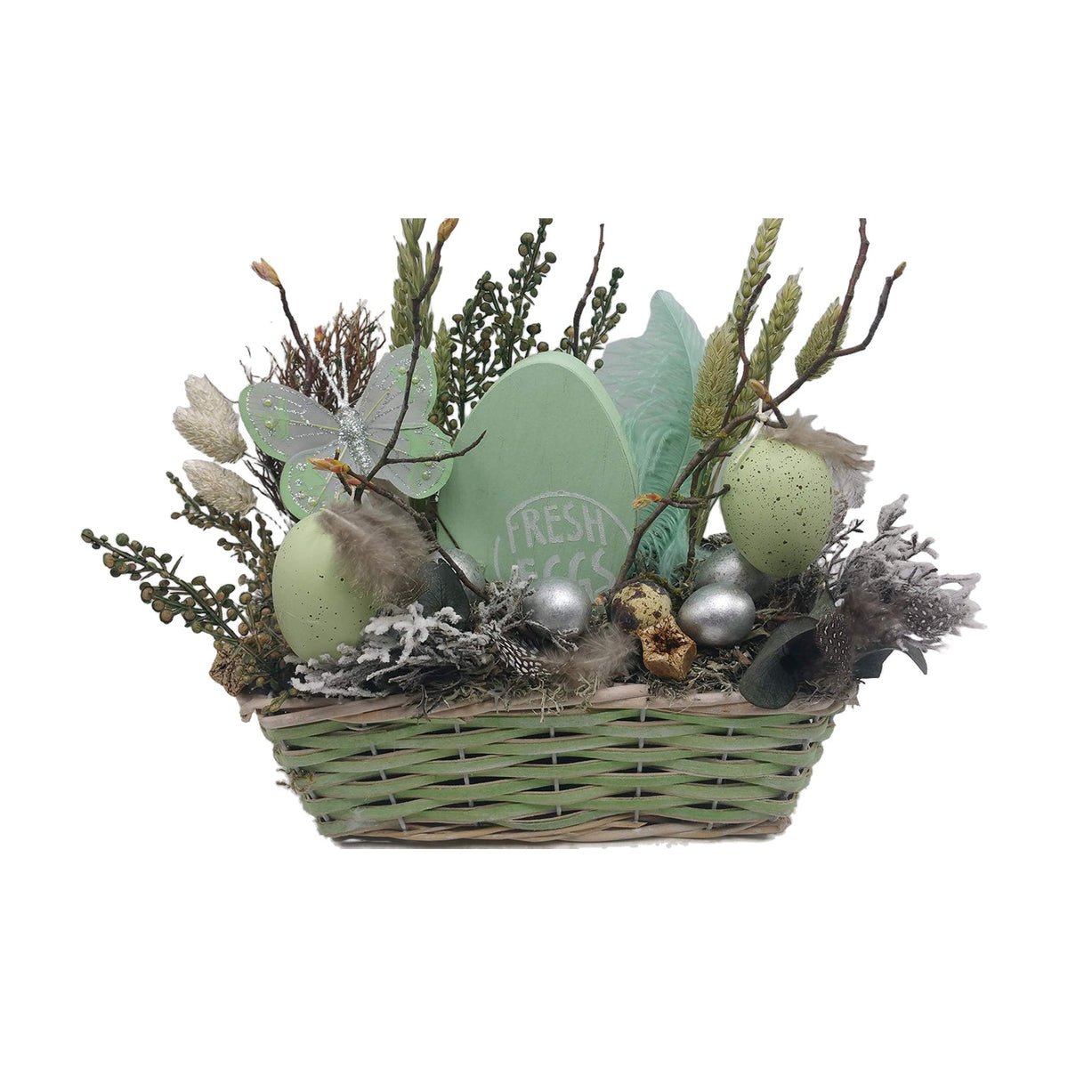 Freigestellt Seidenblumengesteck Osterdeko Frühling Eier Schmetterling Gräser mint