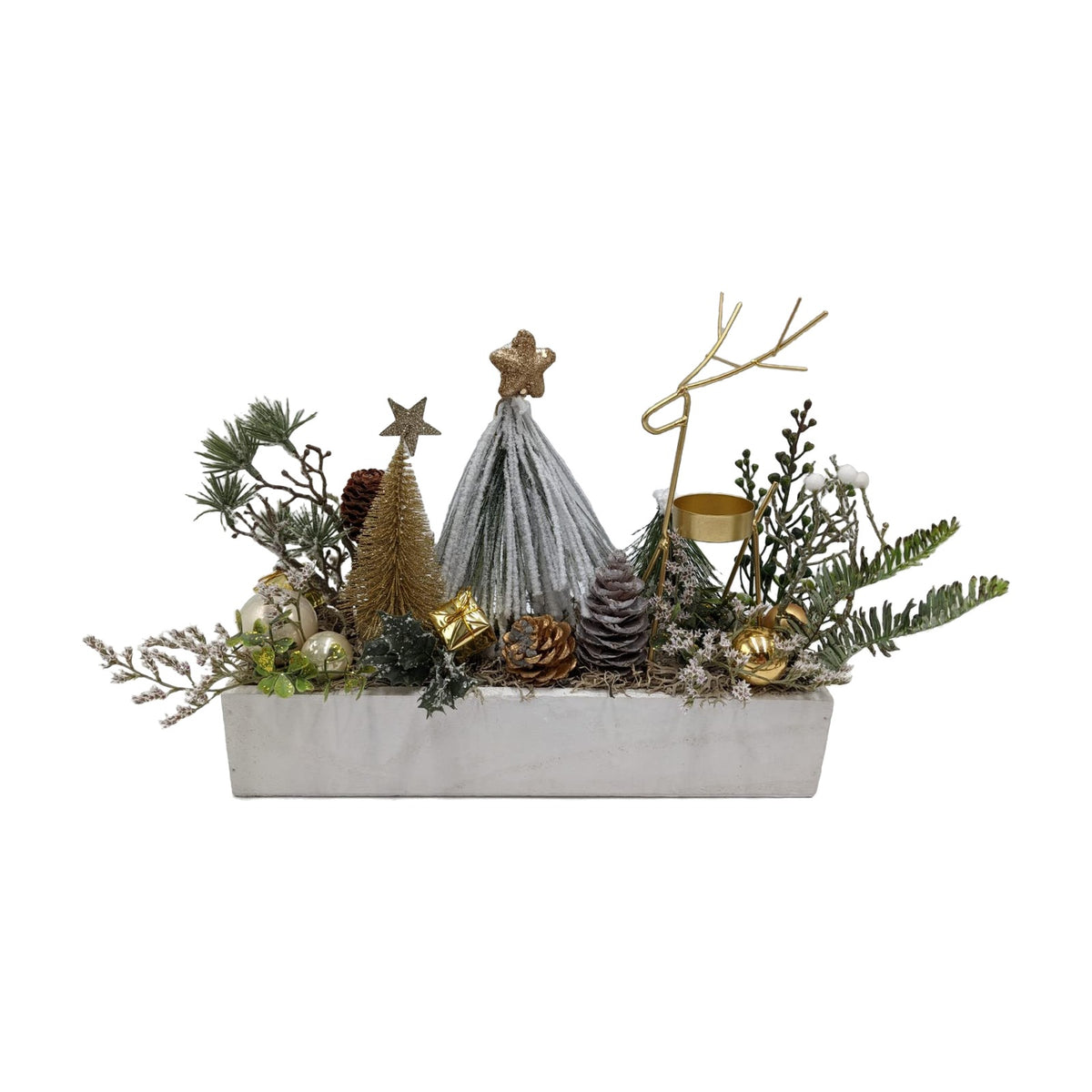 Freigestellt Wintergesteck Weihnachtsgesteck Tischgesteck Hirsch Teelicht gold weiß
