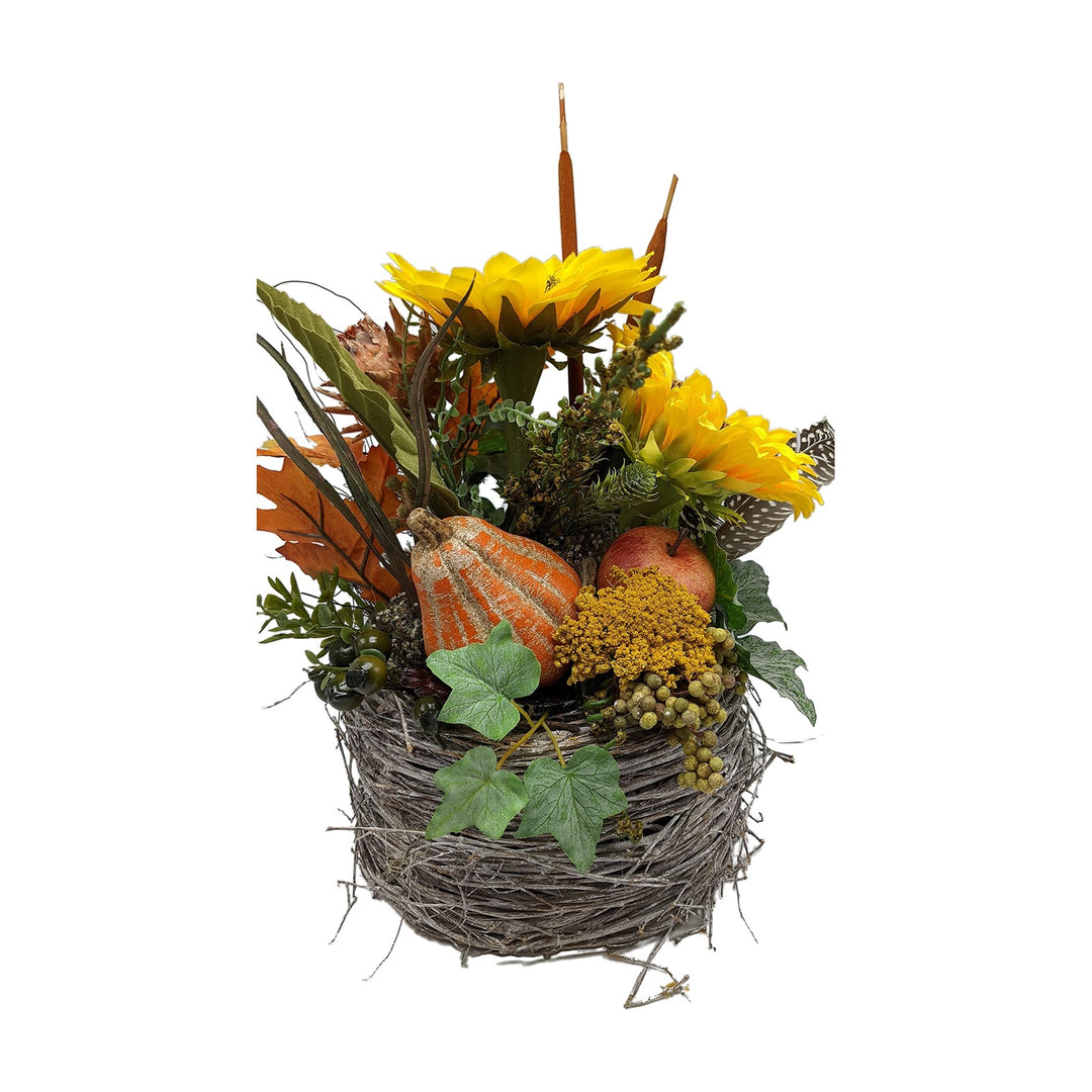 Freigestellt Tischgesteck Herbstgesteck Sonnenblumen Kürbis Apfel gelb orange