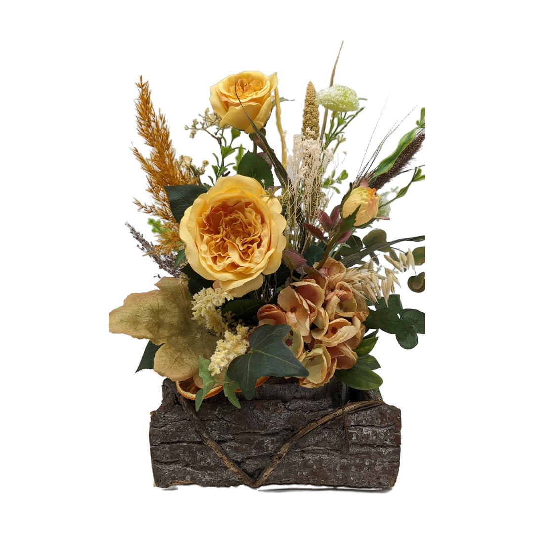 Freigestellt Herbstgesteck Herbstdeko Hortensie Rosen Gräser orange gelb