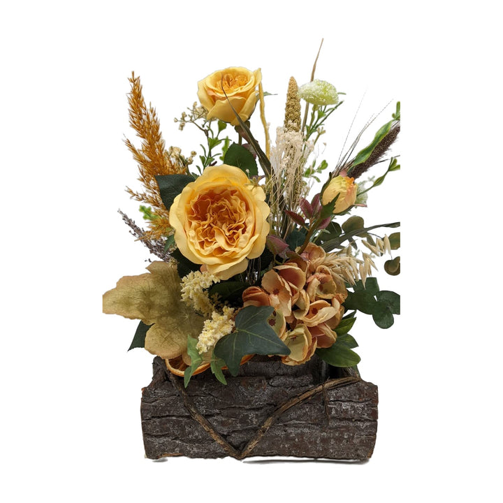 Freigestellt Herbstgesteck Herbstdeko Hortensie Rosen Gräser orange gelb