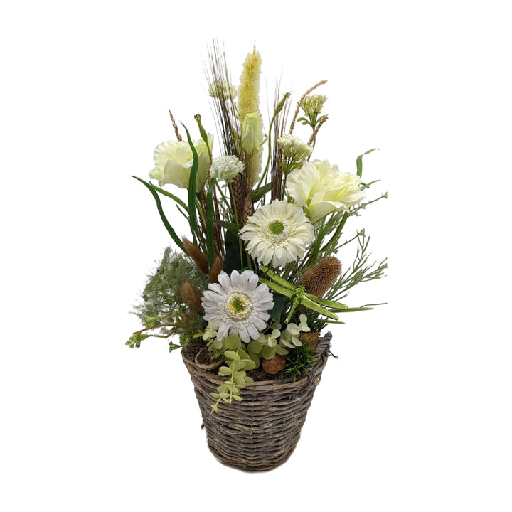 Freigestellt Herbstgesteck Korb Gerbera Distel Gräser Libelle weiß grün