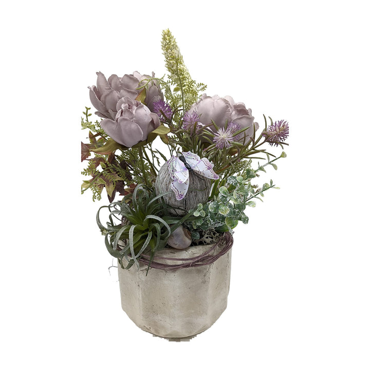 Freigestellt Sommergesteck Pfingstrosen Schmetterling Schnecke lila Seidenblumen