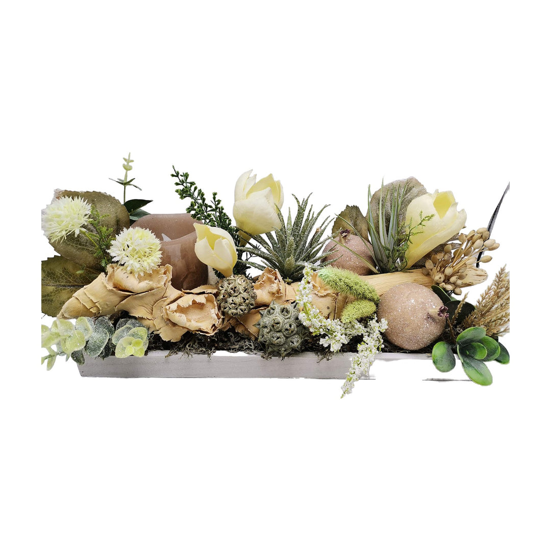 Freigestellt Blumengesteck Herbstgesteck LED-Kerze Sukkulenten Granatäpfel creme grün