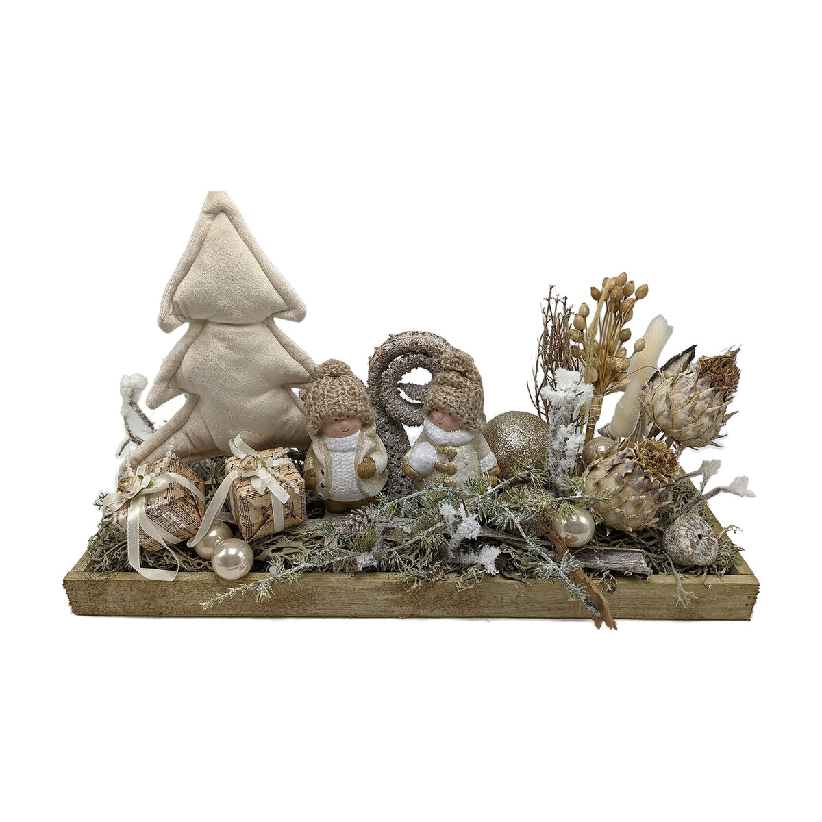 Freigestellt Weihnachtsgesteck Adventsgesteck Kinder Tannenbaum Kugeln creme gold
