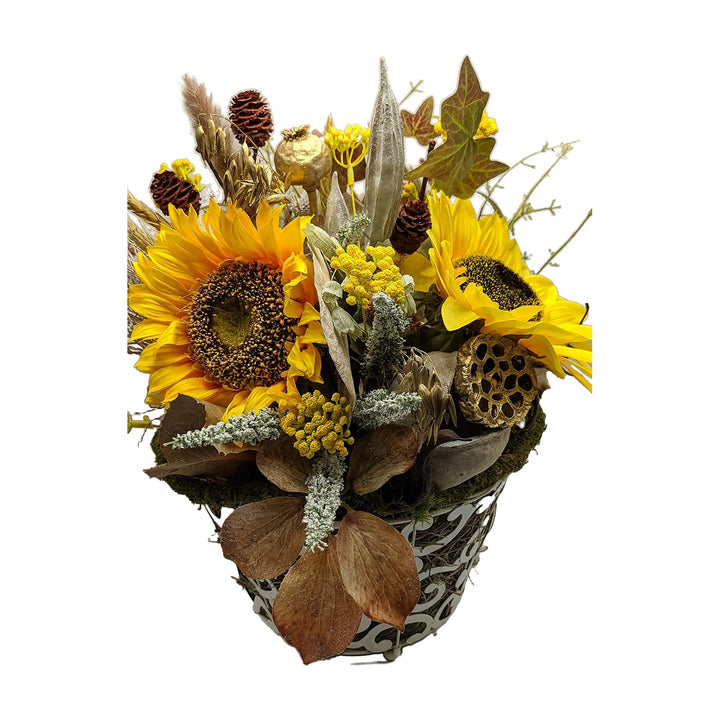 Freigestellt Tischgesteck Herbstgesteck Sonnenblumen Efeu Gräser gelb braun