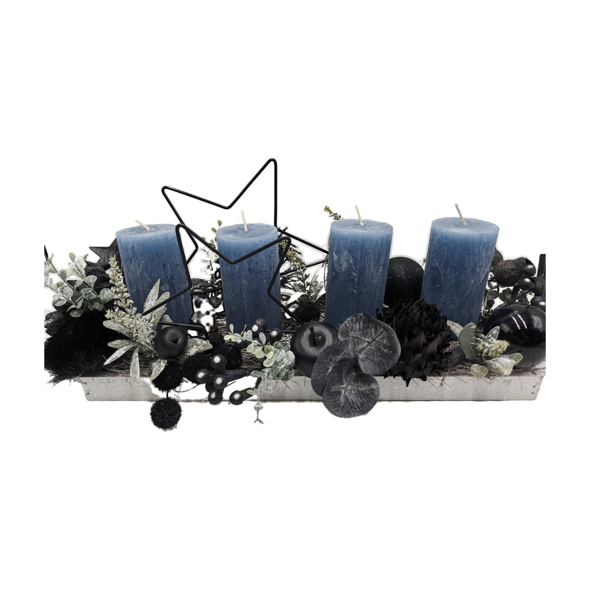 Freigestellt Weihnachtsgesteck Adventsgesteck Kugel Apfel Stern blau schwarz