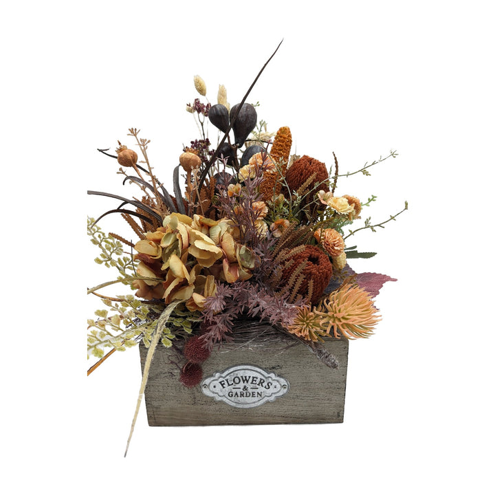 Freigestellt Sommergesteck Hortensie Mohn Feige Banksia orange braun
