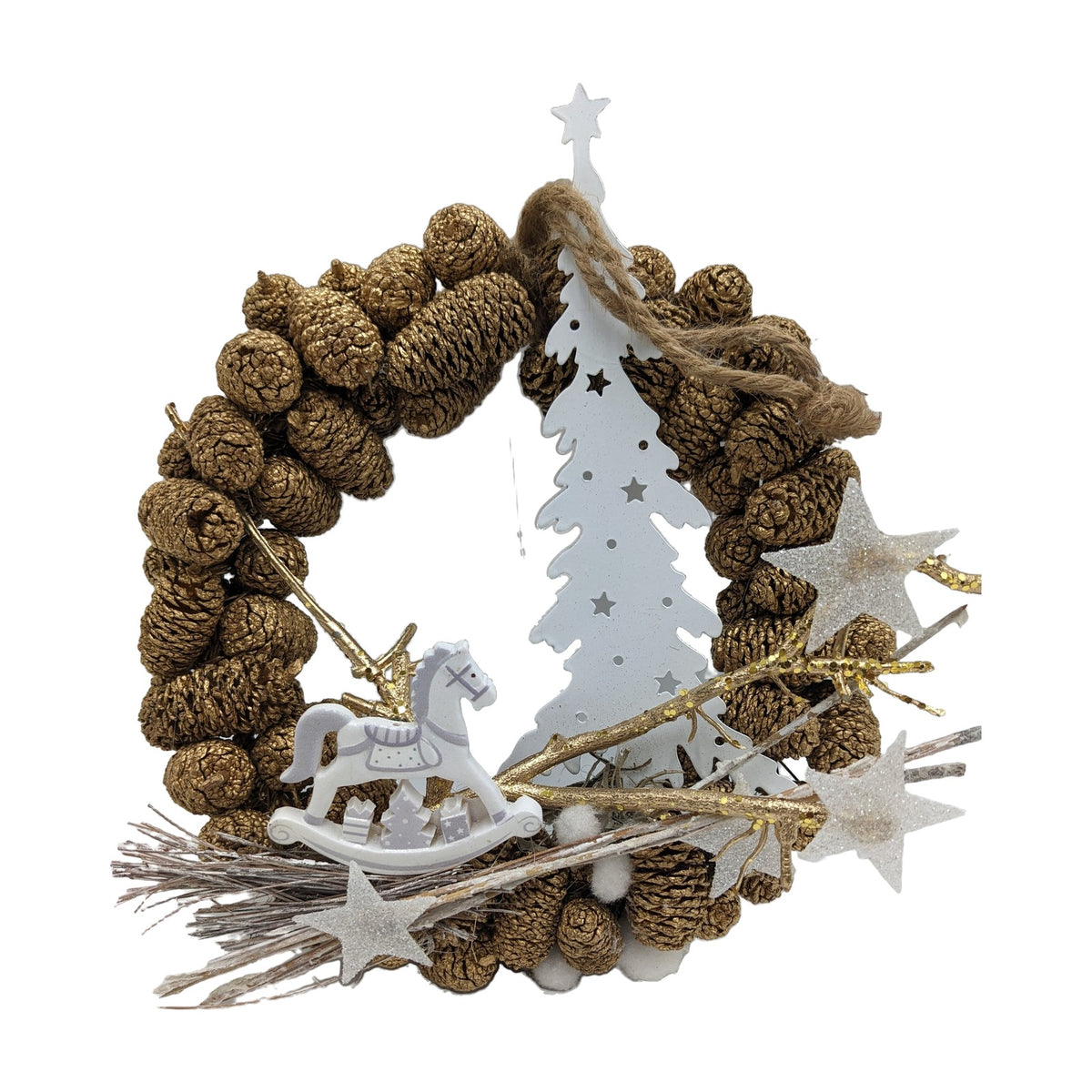 Freigestellt Türkranz Zapfen Schaukelpferd Stern Tannenbaum gold weiß