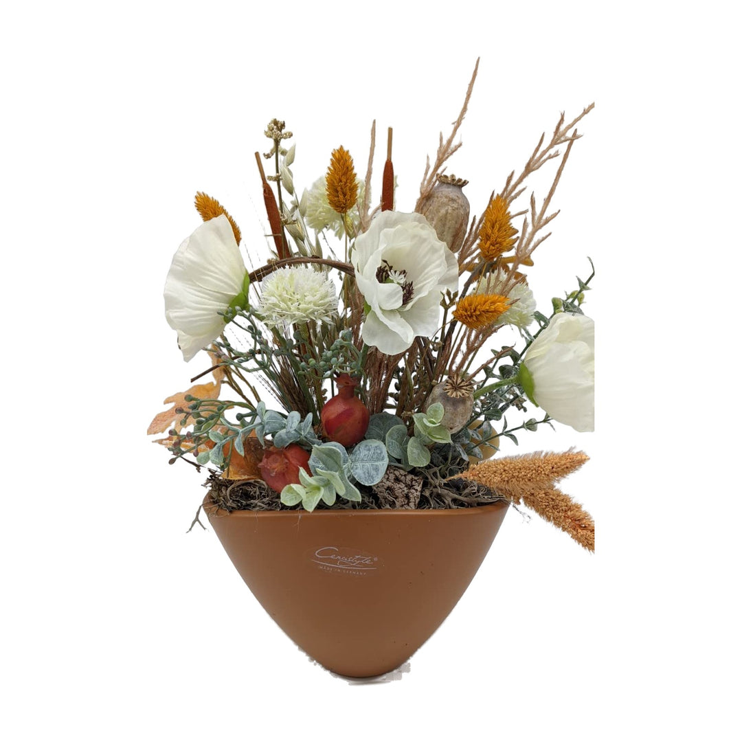 Freigestellt Herbstgesteck Mohnblüten Mohnkapseln Gräser weiß braun