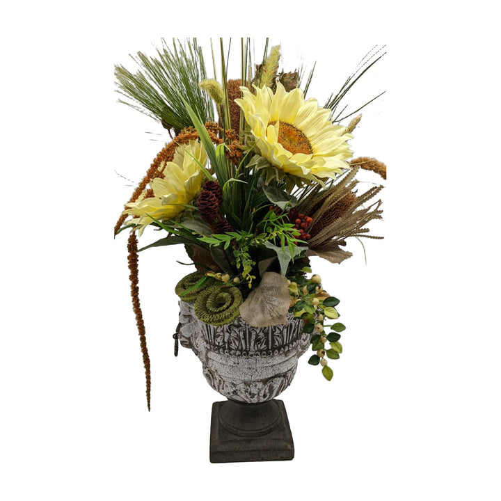 Freigestellt Tischgesteck Sommergesteck Sonnenblumen Beeren Gräser gelb grün