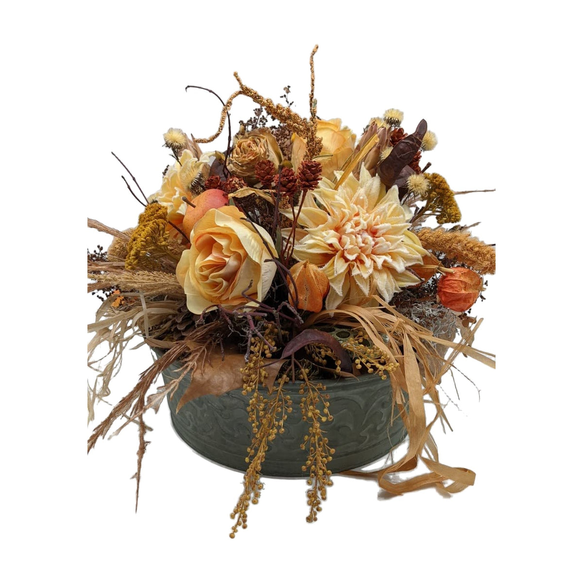 Freigestellt Herbstgesteck Blumenarrangement Rosen Chrysantheme Apfel ocker gelb
