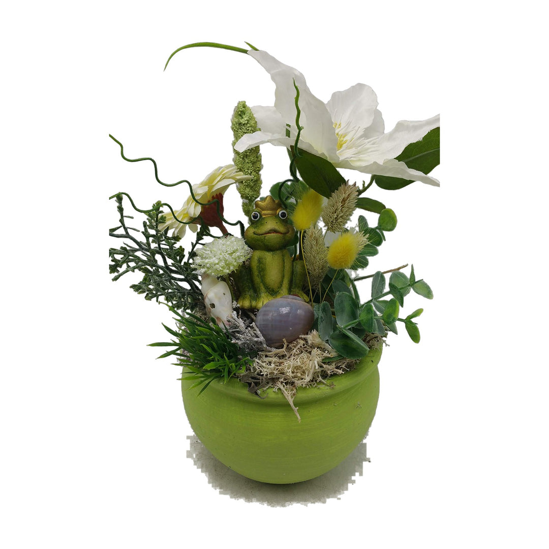Freigestellt Blumengesteck Sommergesteck Frosch Clematis Schnecken weiß grün