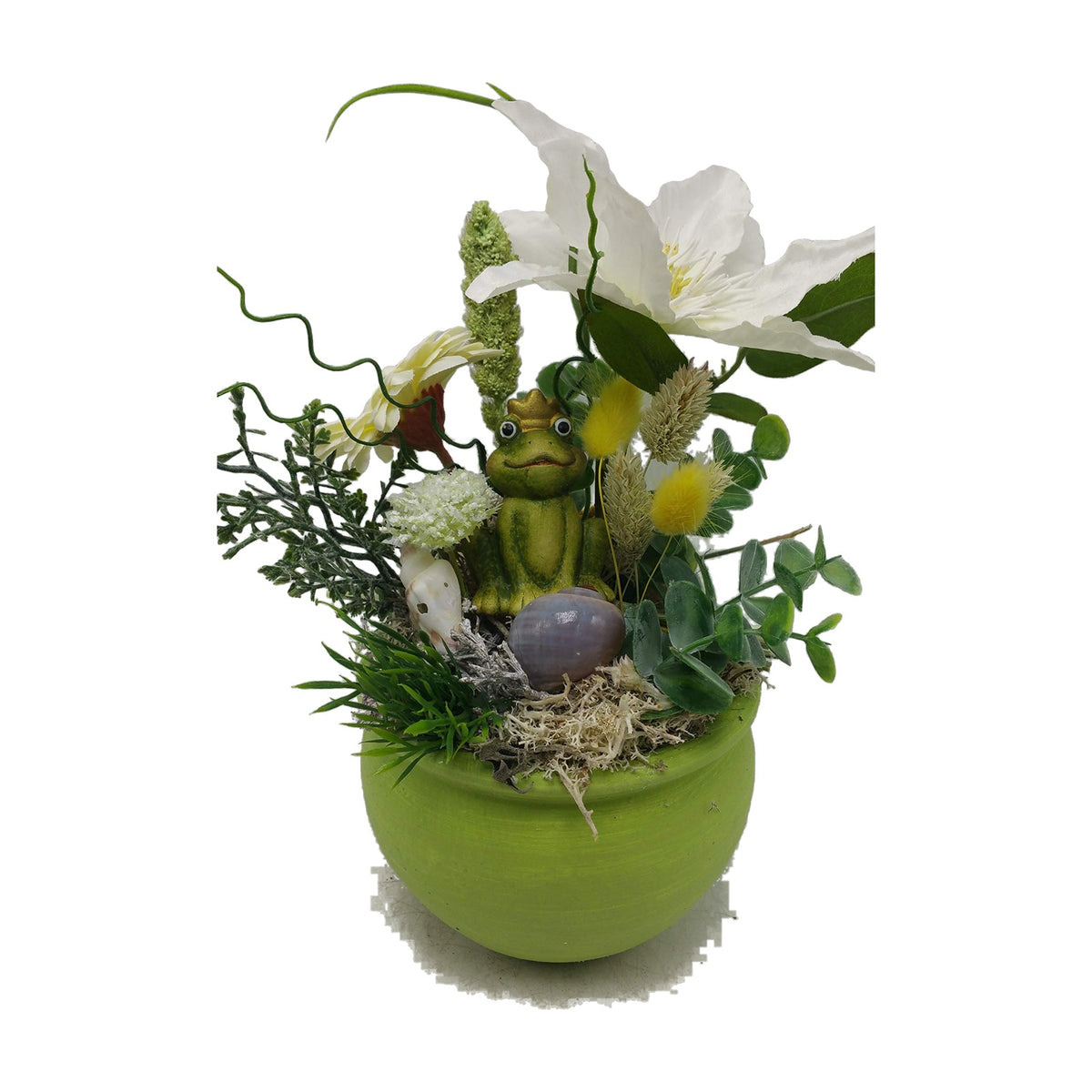 Freigestellt Blumengesteck Sommergesteck Frosch Clematis Schnecken weiß grün