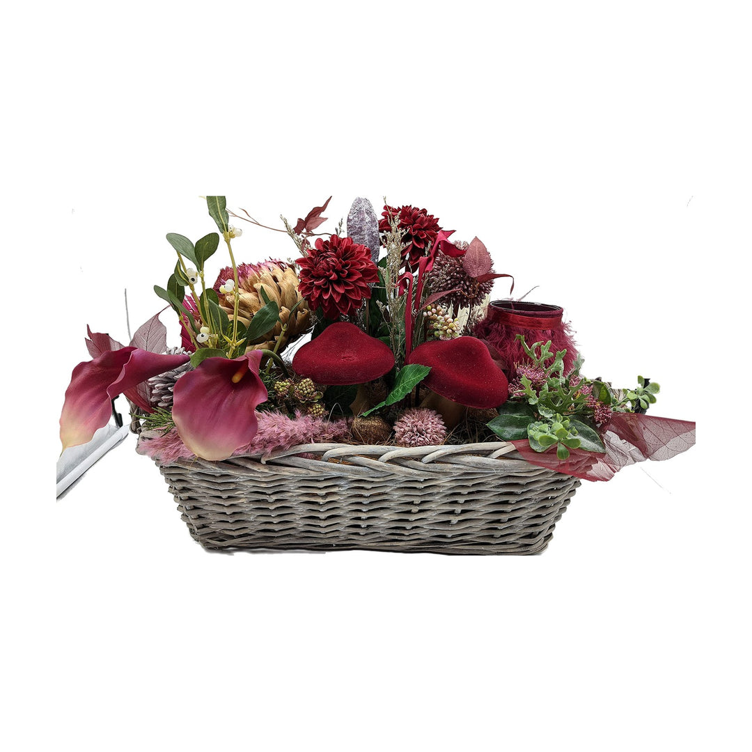 Freigestellt Herbstgesteck Tischgesteck Korb Pilze Calla Dahlien bordeaux