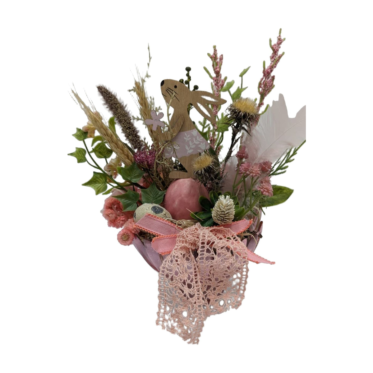 Freigestellt Ostergesteck Frühlingsgesteck Hase Ei Gräser Spitzenband rosa grün