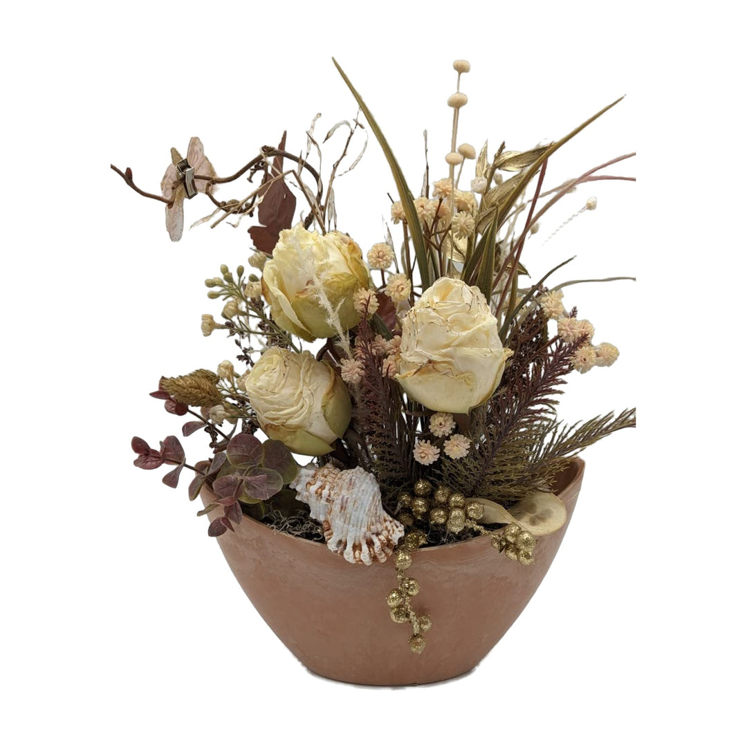 Freigestellt Tischgesteck Rosen Muschel Beeren Gräser Schmetterling creme gold