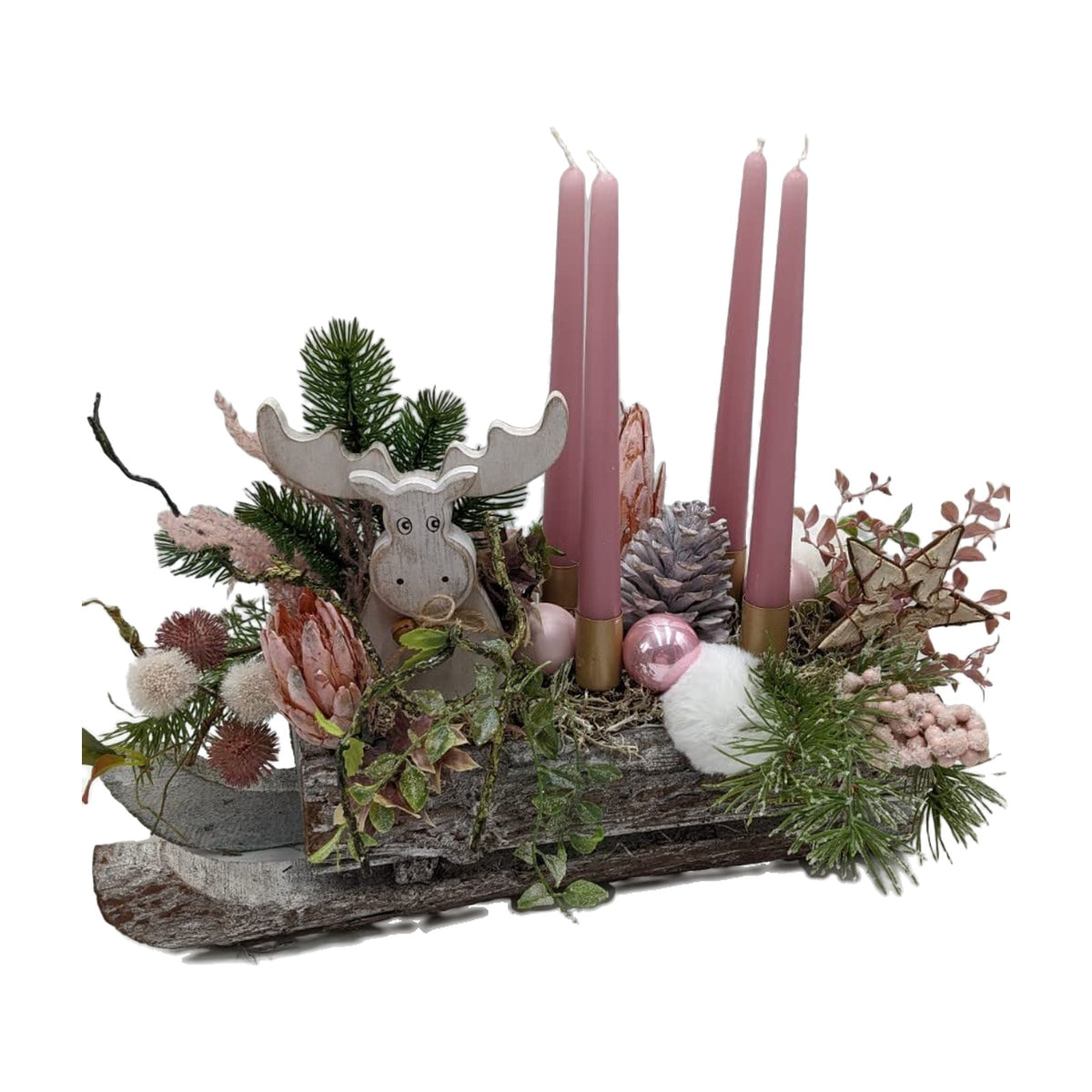 Freigestellt Weihnachtsgesteck Adventsgesteck Schlitten Elch Kerzen Zapfen rosa creme