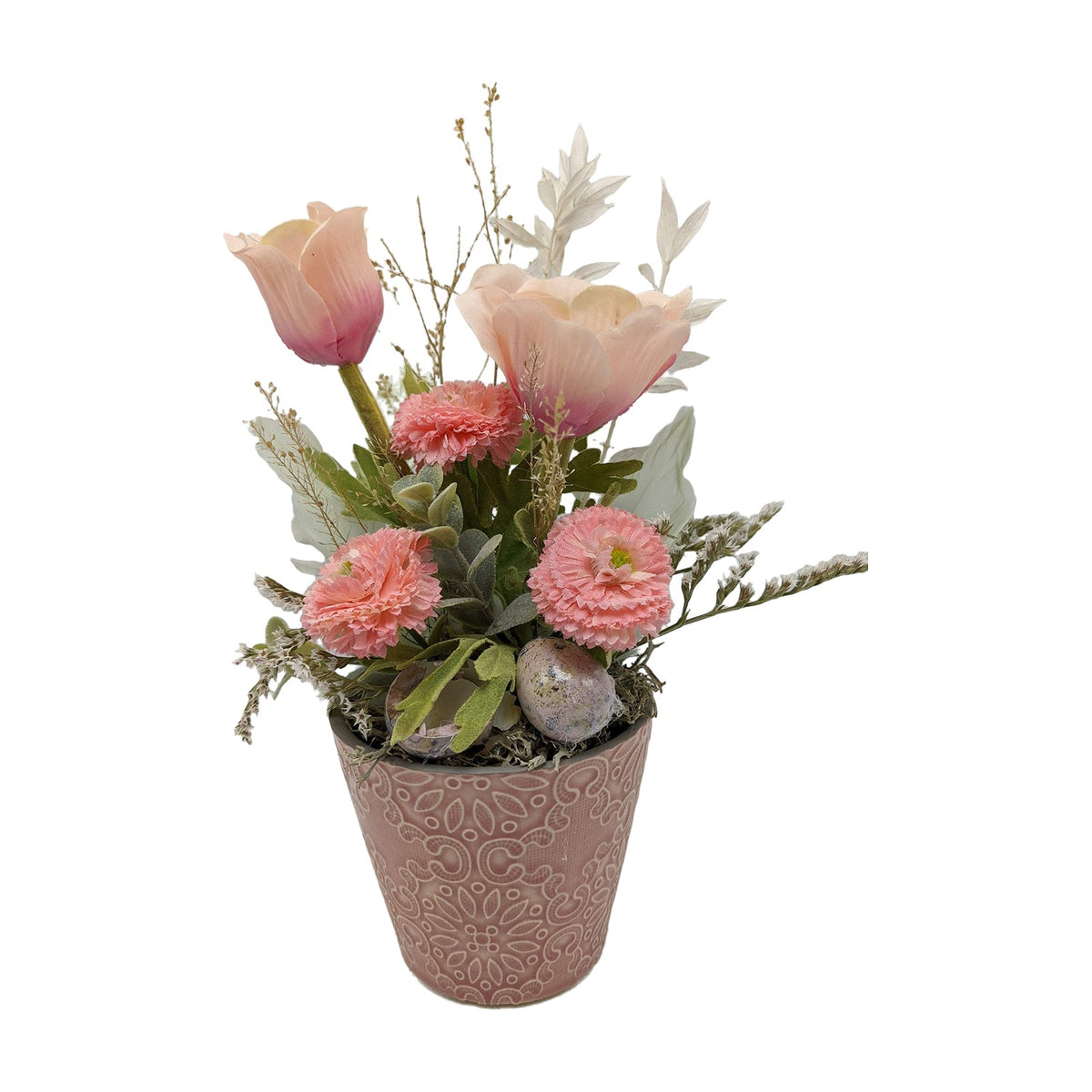 Freigestellt Seidenblumengesteck Ostergesteck Anemone Bellis Eier rosa