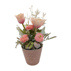 Freigestellt Seidenblumengesteck Ostergesteck Anemone Bellis Eier rosa