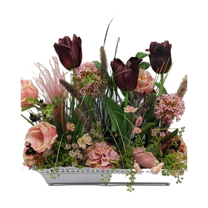 Freigestellt Tischgesteck Sommergesteck Tulpen Allium Gräser rosa bordeaux