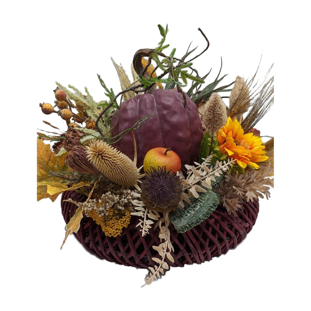 Freigestellt Herbstgesteck Kürbis Apfel Sonnenblume Beeren Gräser lila gelb