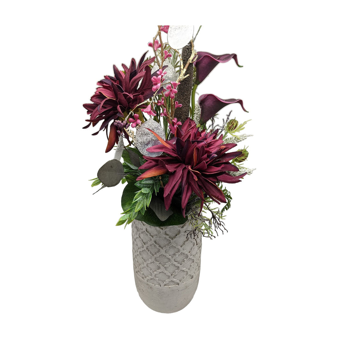 Freigestellt Sommergesteck Chrysanthemen Calla Silberblatt bordeaux pink
