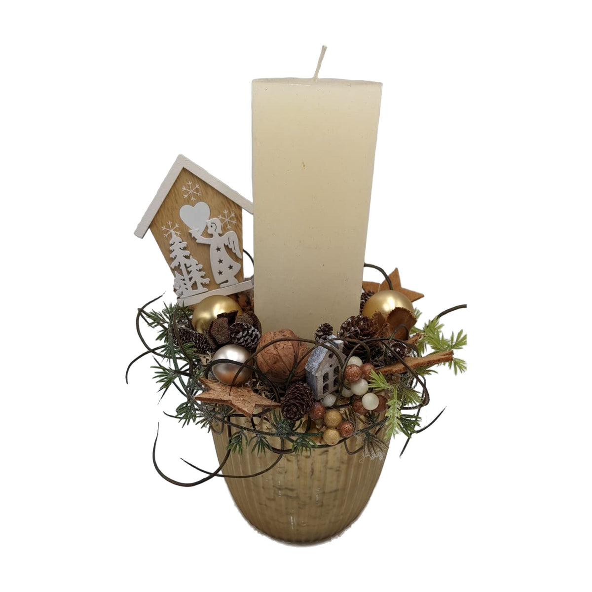 Freigestellt Wintergesteck Weihnachtsgesteck Tischgesteck Kerze Nuss Kugel gold creme