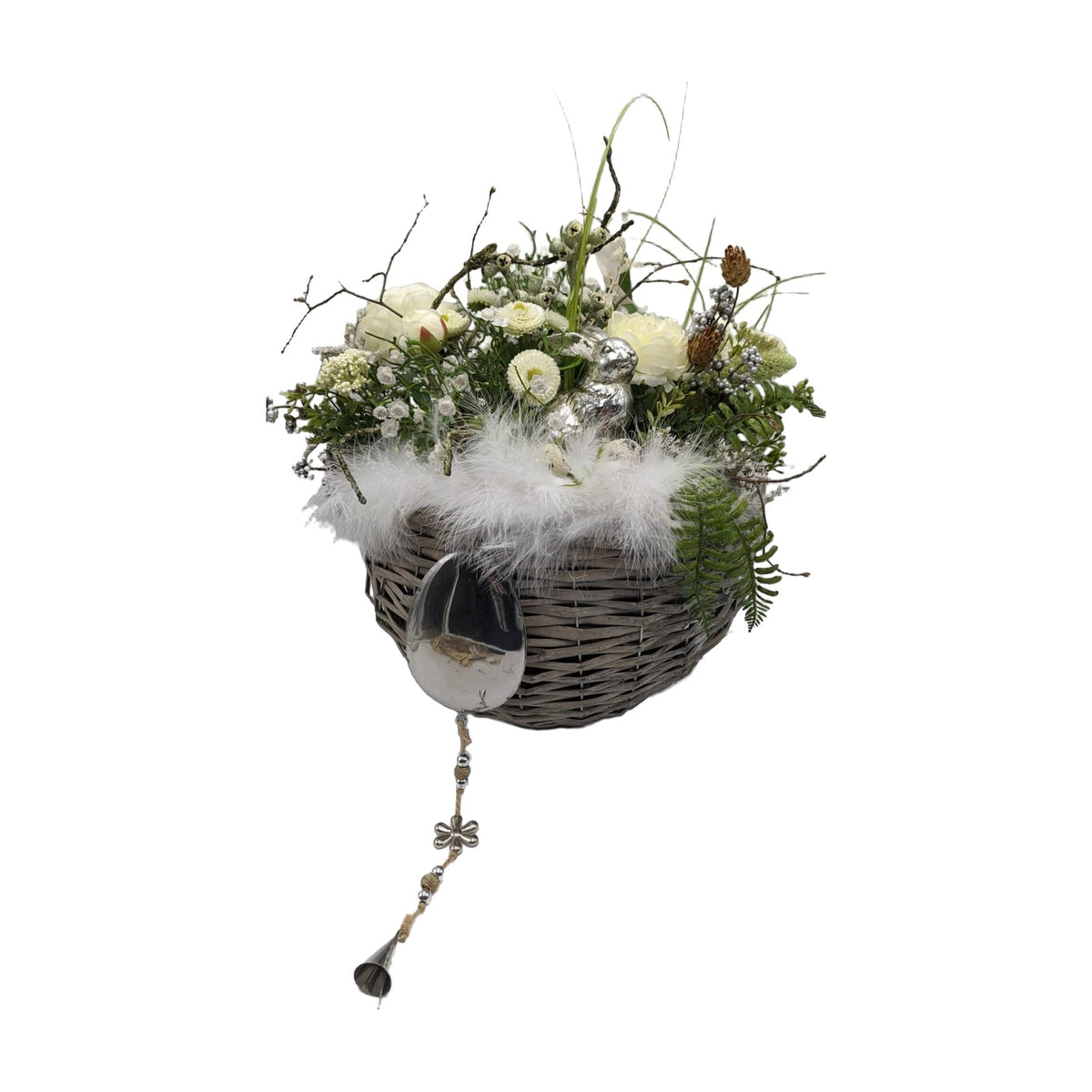 Freigestellt Wandgesteck Ostergesteck Frühlingsgesteck Hase Bellis Korb weiß silber