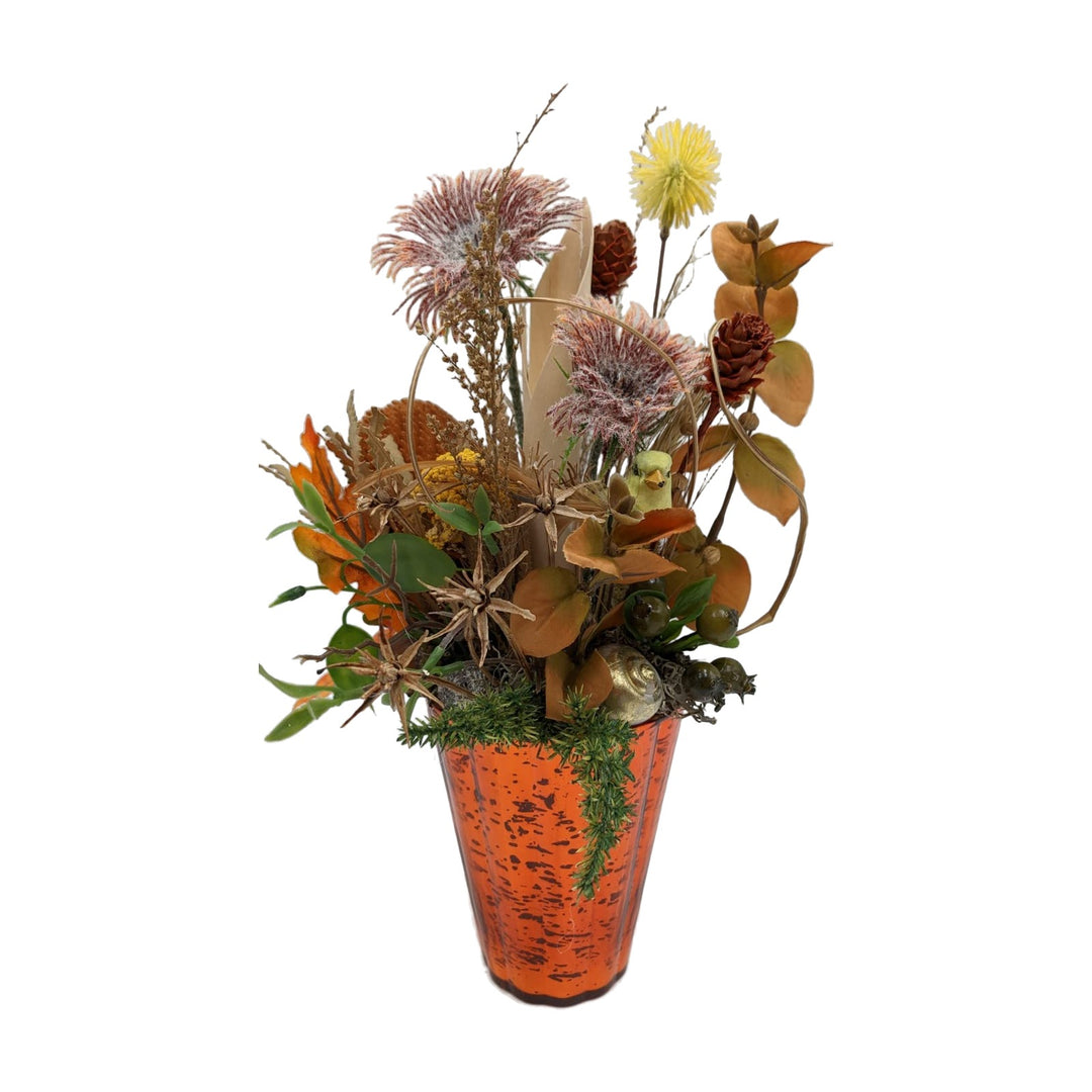 Freigestellt Herbstgesteck Banksia Vogel Schnecke Beeren Blätter orange gelb