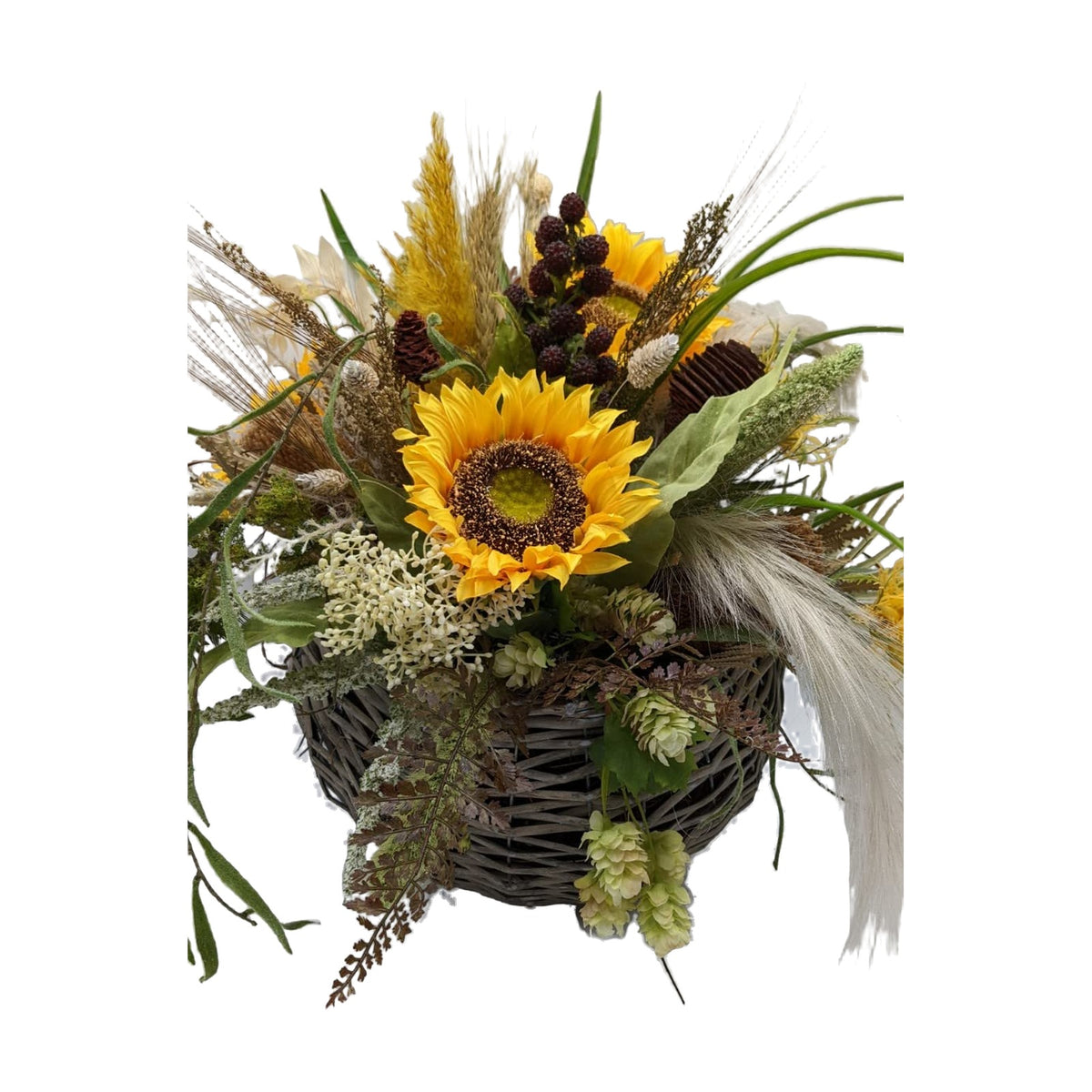 Freigestellt Herbstgesteck Wandgesteck Sonnenblume Banksia Beeren Gräser gelb grün