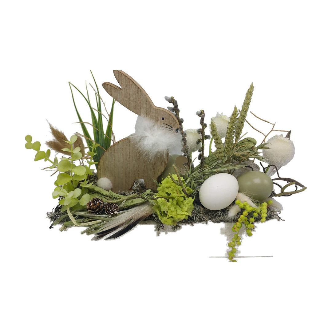 Freigestellt Seidenblumengesteck Ostergesteck Hase Eier Getreide Eukalyptus grün weiß