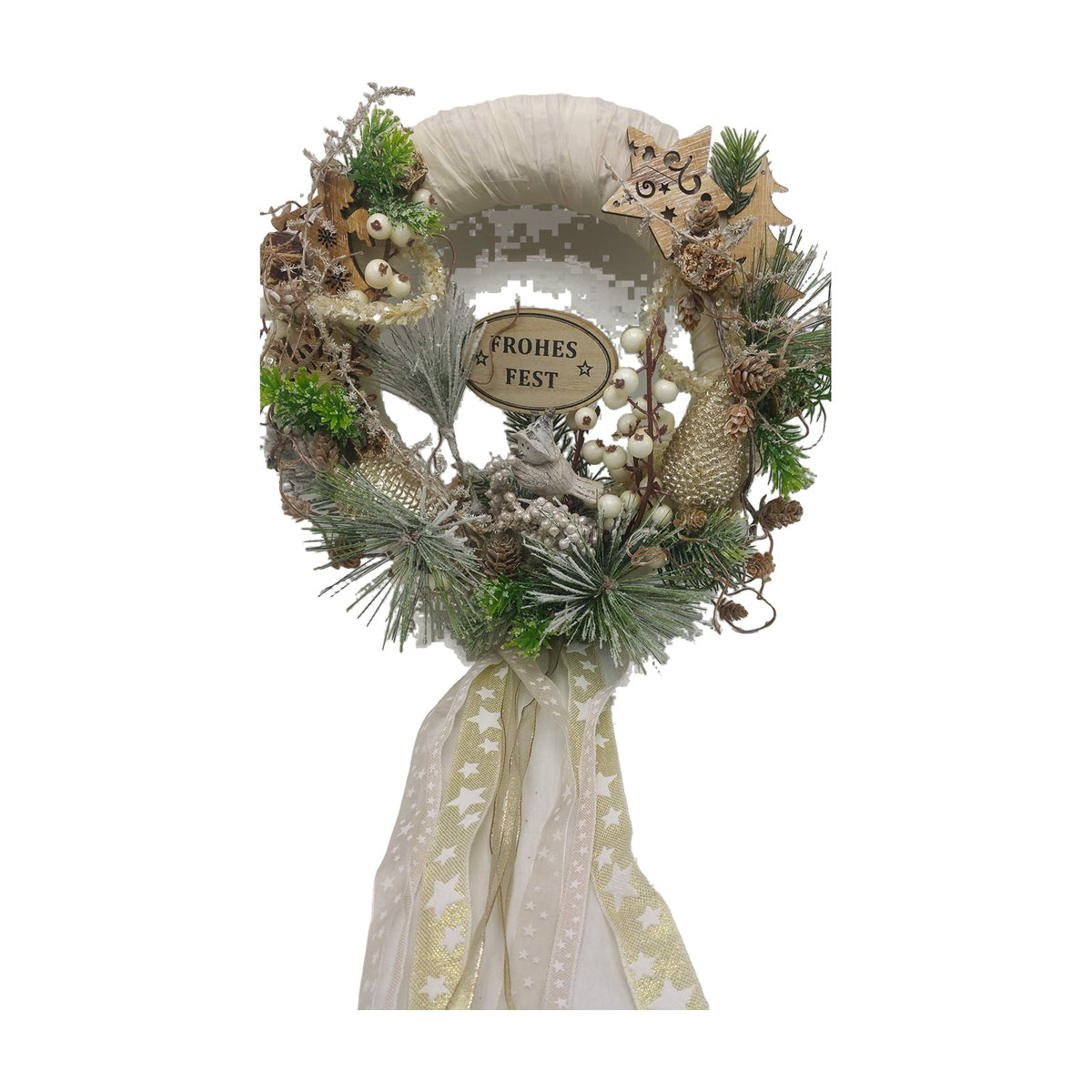 Freigestellt Weihnachtskranz Türkranz Türschmuck Zapfen Beeren Sterne Tanne creme