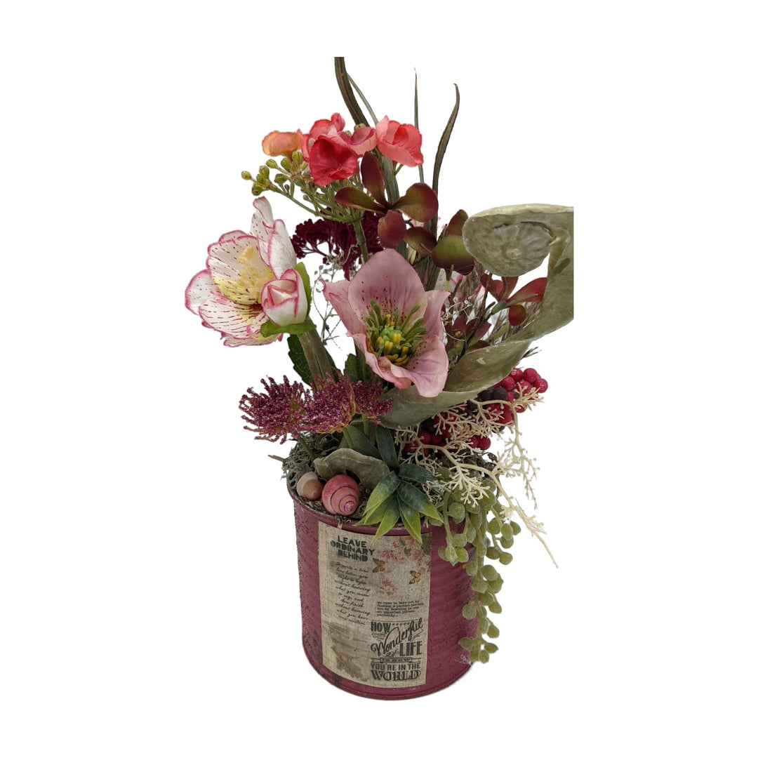 Freigestellt Tischgesteck Sommergesteck Christrose Schnecken Beeren Gräser rosa grün