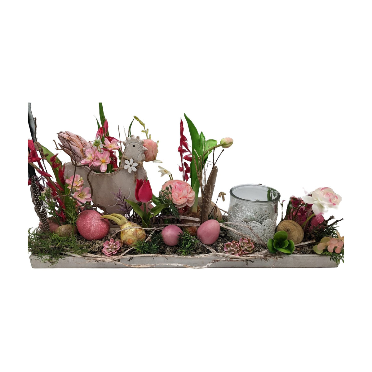 Freigestellt Ostergesteck Tablett Hahn Tulpen Eier Federn Teelicht rosa weiß