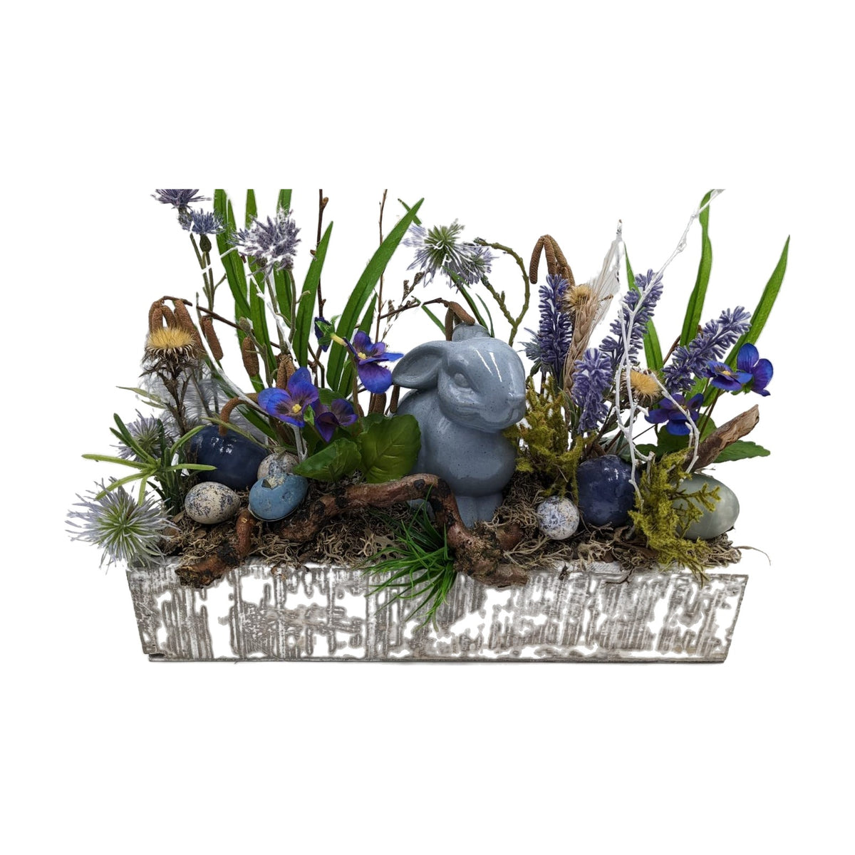 Freigestellt Ostergesteck Frühlingsgesteck Hase Lavendel Eier Distel blau grün