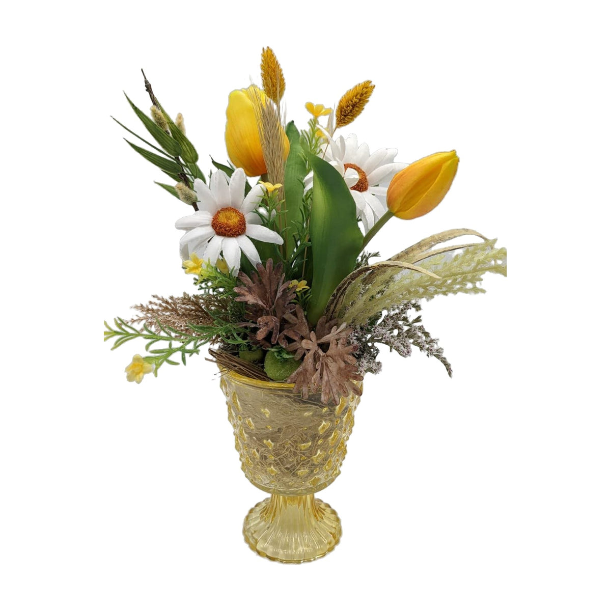 Freigestellt Frühlingsgesteck Tulpen Margeriten Kätzchen Gräser gelb weiß