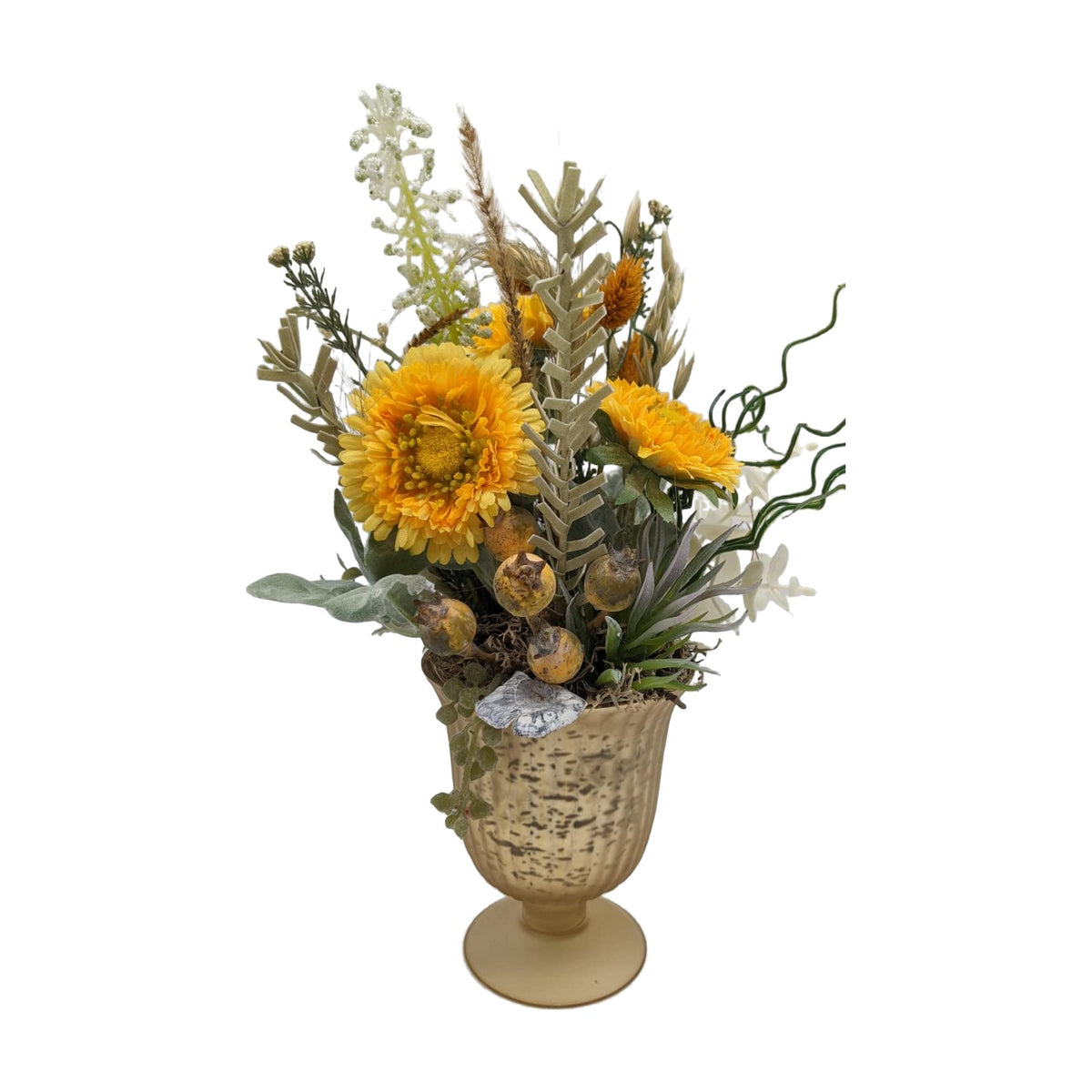 Freigestellt Herbstgesteck Chrysantheme Getreide Gräser gelb grün im Pokal