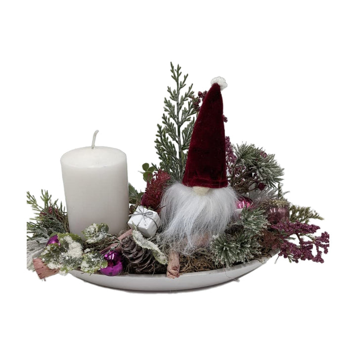 Freigestellt Weihnachtsgesteck Adventsgesteck Wichtel Kerze Zapfen Tanne rosa weiß