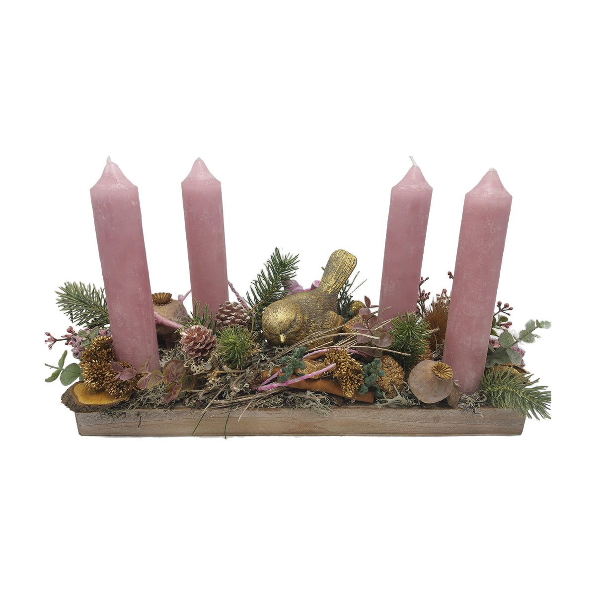 Freigestellt Weihnachtsgesteck Adventsgesteck Kerzen Vogel Zapfen Mohn rosa gold