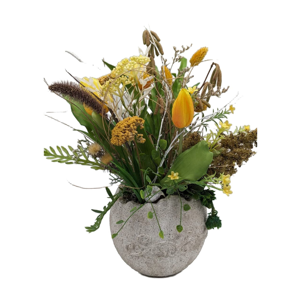 Frühlingsgesteck Tischgesteck Tulpen Schnecke Gräser gelb grün