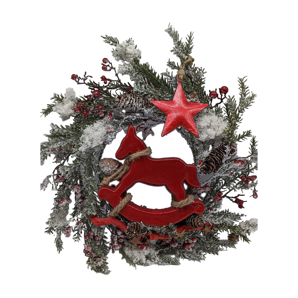 Freigestellt Türschmuck Türkranz Winterkranz Schaukelpferd Stern Beeren Tanne rot