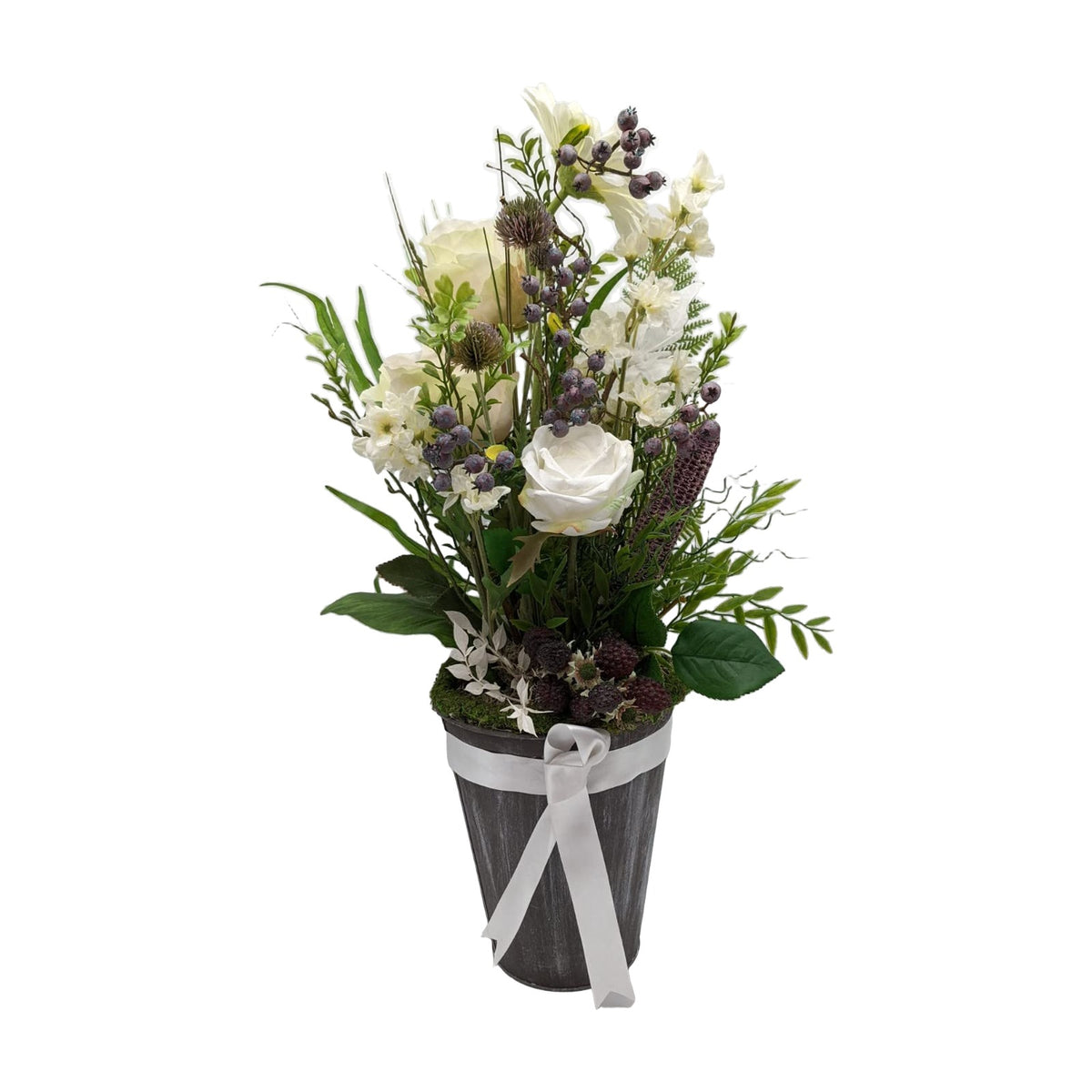 Freigestellt Tischgesteck Sommergesteck Rosen Beeren Blüten Gräser weiß lila